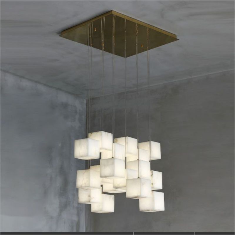 Alabaster Cube Foyer Staircase Long Chandelier